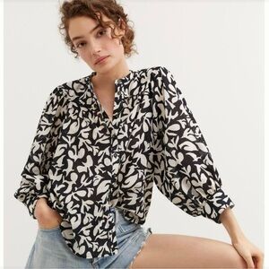 Anthropologie Black and White Graphic Blouse with Mandarin Collar